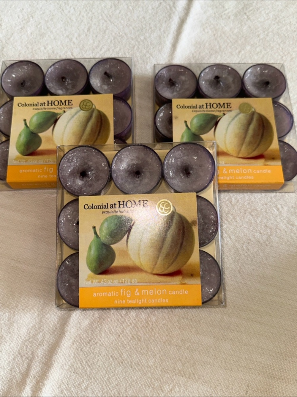 Colonial at home aromatic fig melon tea lite candles set of 3 boxes 9 each box
